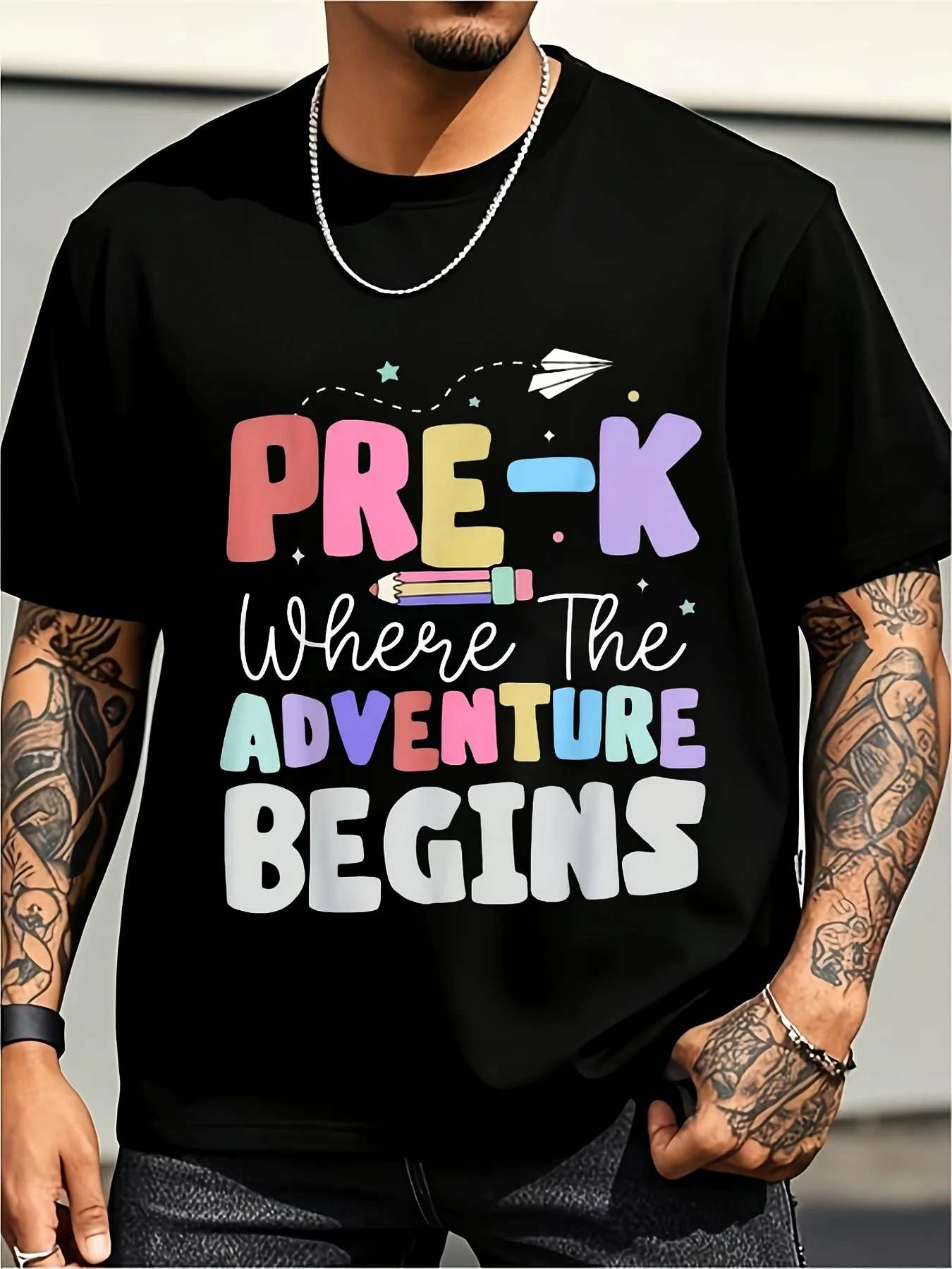Preschool Adventure Begins Teacher T-Shirt Unisex Soft Breathable Short Sleeve Shirt with Fun Pencil and Star Pattern Print Lightweight and Comfortable Fit Suitable for the First Day of Kindergarten Large Size Retro Casual Round Neck Printed T-Shirt Unisex Large Size
