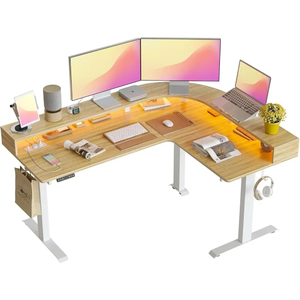 

Triple Motor L Shaped Stadning Desk with LED Strip & Power Outrlets，63 inches Height Adjustable Stand up Corner Table