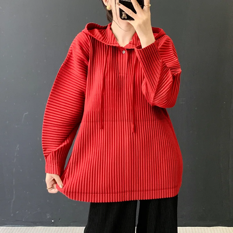 

Miyake плиссированный 2022, осенне-зимний новый большой зубочистка из толстого материала, топ с капюшоном, свободный повседневный универсальный пуловер для женщин