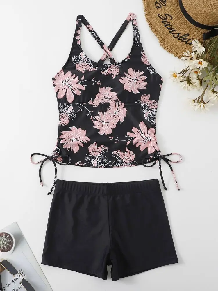 Cikini-Classy Random Floral Print Tankini Set, Crisscross Back Drawstring Tank Top, Boxer Shorts, 2 Piece Swimsuit