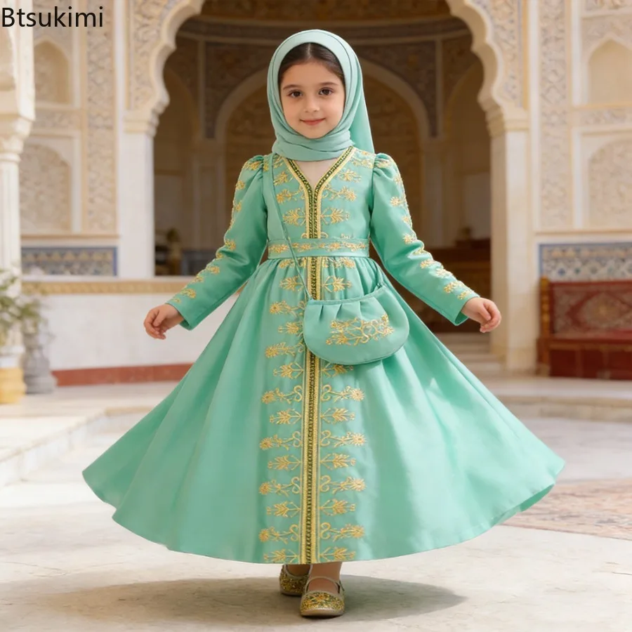 

Children Embroidered Long Sleeves Evening Dress Elegant Princess Dress with Bag Muslim Kids Clothing Girls Party Gown 4-7 Years