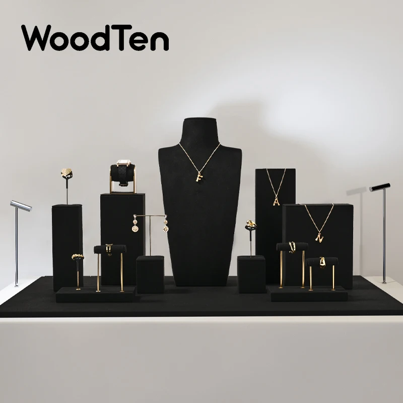 

WoodTen Black Jewelry Display Stand Shop Cabinet Display Props for Necklace Bust Watch Holder Ring Earring Bangle Rack Organizer