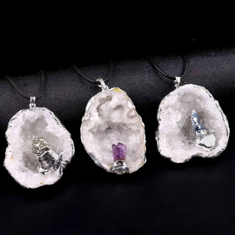 Irregular White Crystal Cluster Charms Geode Druzy Inlaid Amethyst Blue Ore Citrine Tourmaline Healing Natural Stone Necklace