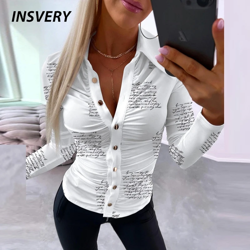 Women Fashion Long Sleeve Blouse Letter Print Office Shirts For Women Casual Turn Down Collar Button Tops