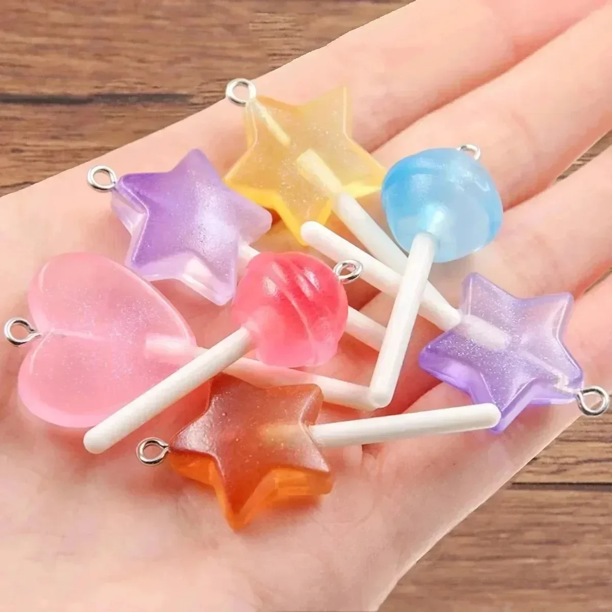 10Pcs Mixed Color 3 Styles 3D Candy Resin Charms Star Heart Round Lollipop Small Pendants for DIY Jewelry Ornament Findings