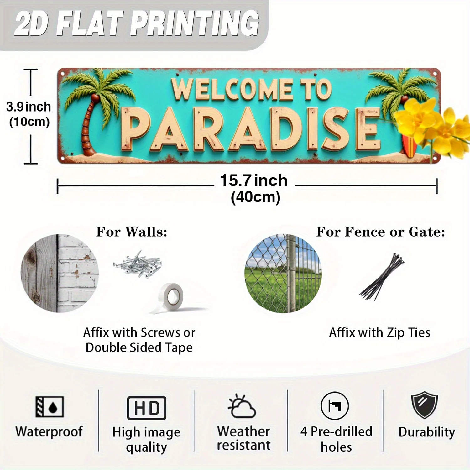 2D Flat,Metal Heaven Welcome Sign, Vintage Tropical Wall Decor with Weathered Turquoise and Coral Edges,No Electricity Required