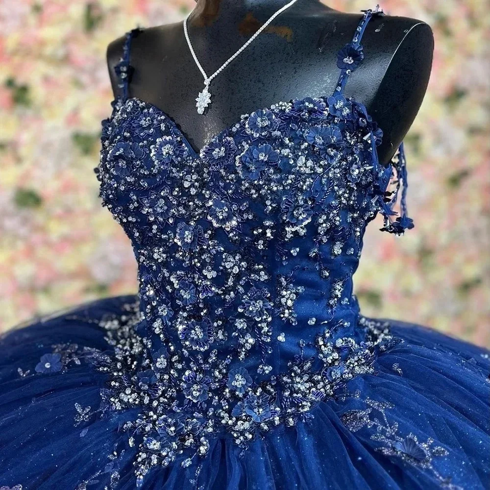 Angelsbridep Messico Blu Navy Scuro Abiti Quinceanera 3D Applique Pizzo Festa di Compleanno Abiti da ballo Abiti da 15 Anos Personalizzato