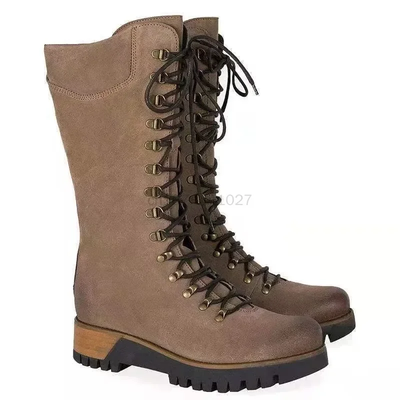 Nouvelles femmes rétro genou bottes hautes plate-forme antidérapante à lacets femmes chaussures hiver longue couleur unie Martin bottes Vintage chevalier bottes