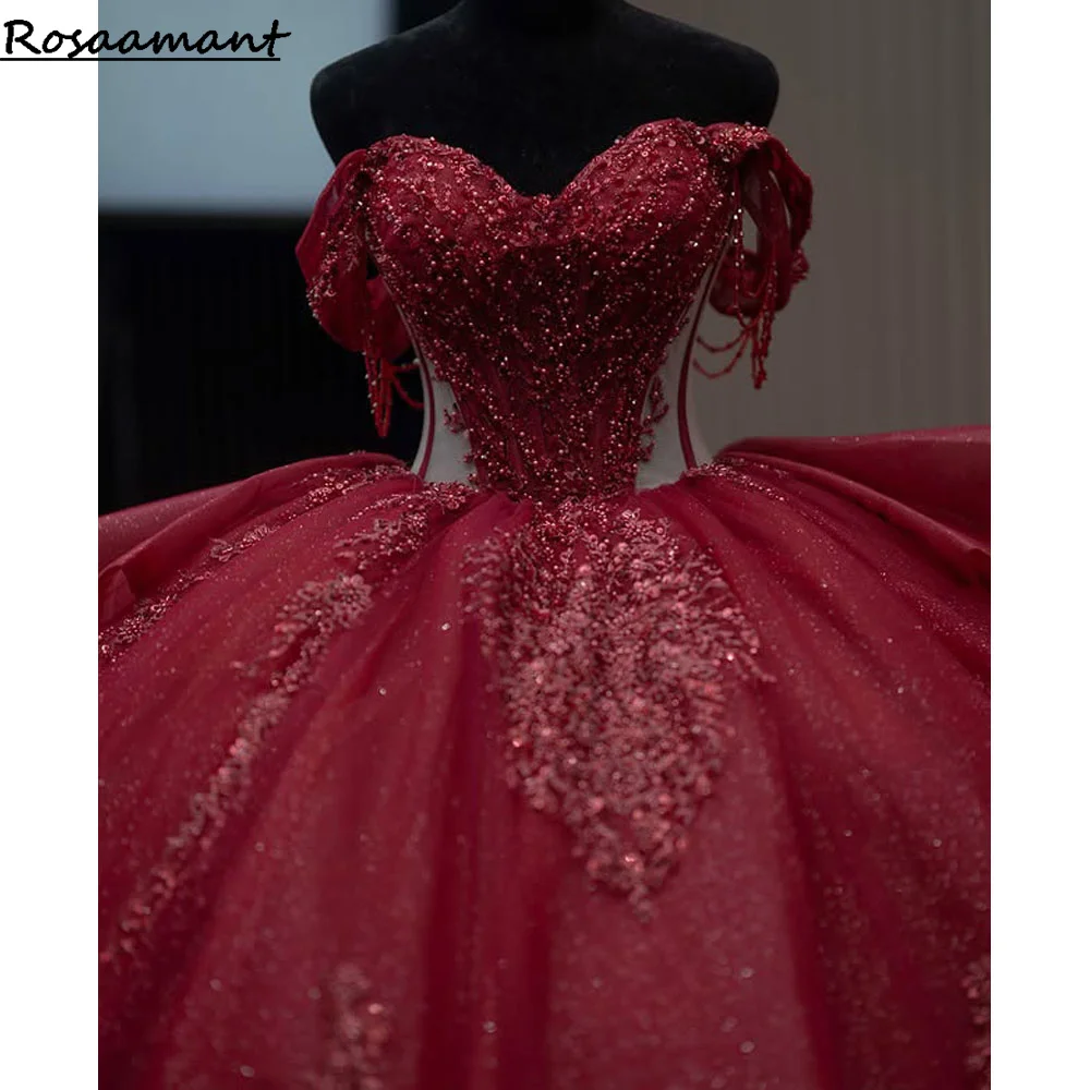 

Wine Red Classic Sweetheart Quinceanera Dresses for Teens Off the Shoulder Appliques Bow Sparkly Corset Vestidos De 15 Anos