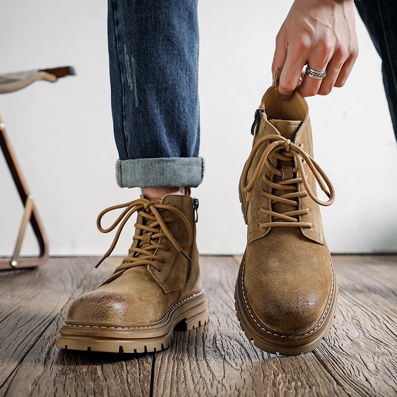 Botas retrô de couro genuíno masculino, sapato grosso de camurça, botas de trabalho estilo britânico, novas para outono e inverno, 2023