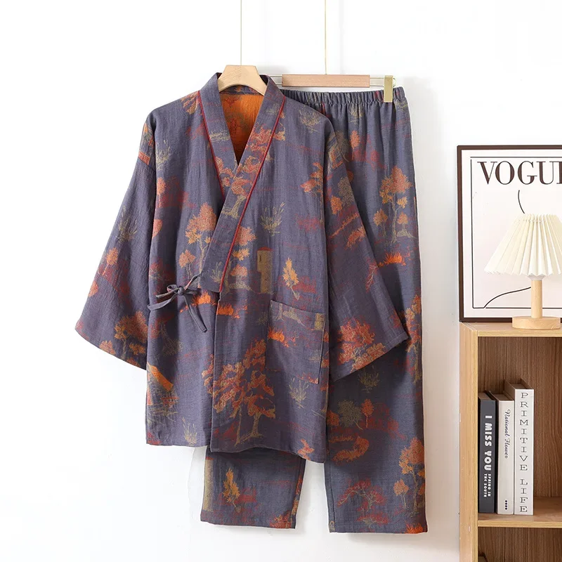 Kimono autunnale da uomo, vestaglie primaverili con pantaloni lunghi, pigiama, set di vestiti per la casa, pigiama allentato in cotone, abiti maschili