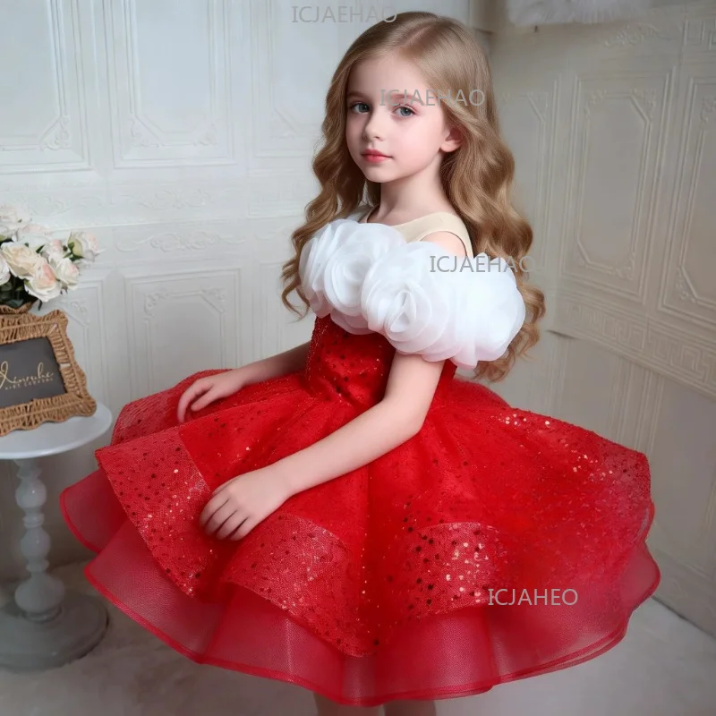 

Girls Puff Sleeve Flower Formal Princess Performance Flower Girl Wedding Birthday Party Gown Sequin Tutu Dress Kids Celebration