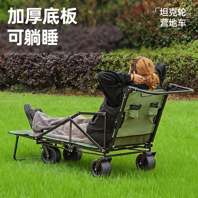 Foldable Beach Wagon Cart, Reclining Collapsible Trolley with Tank Wheels - Outdoor Utility Cart for Camping & Garden
