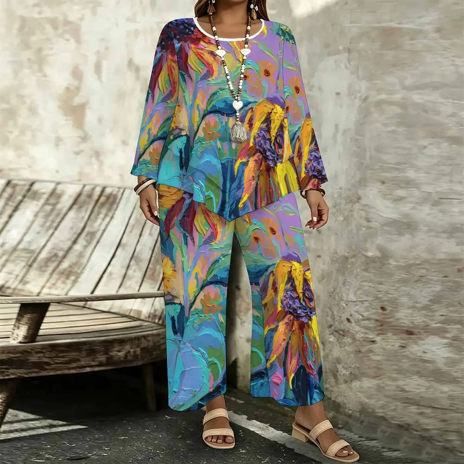 Plus Size Vintage Print Two Piece Set Ladies Casual Long Sleeves Elegance Tops Everyday Street Loose Pants