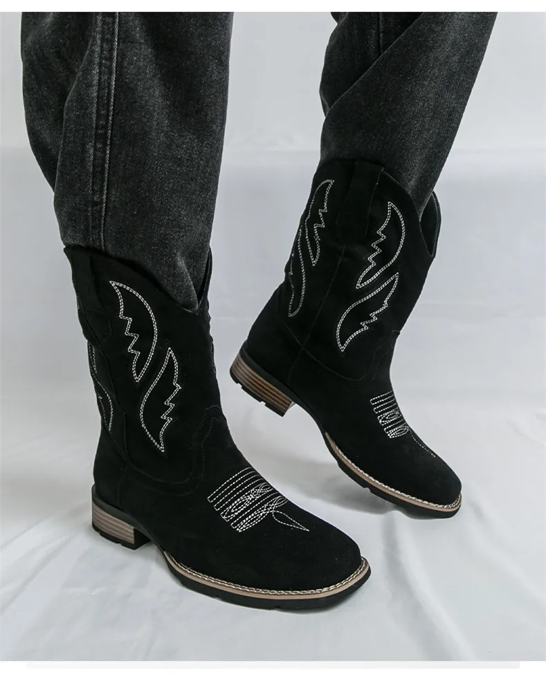 Neue Western Herren Cowboy Stiefel Vintage Mid-kalb Motorrad Stiefel Mode Wildleder Leder herren Stiefel Outdoor Casual Reitstiefel – Detail 11