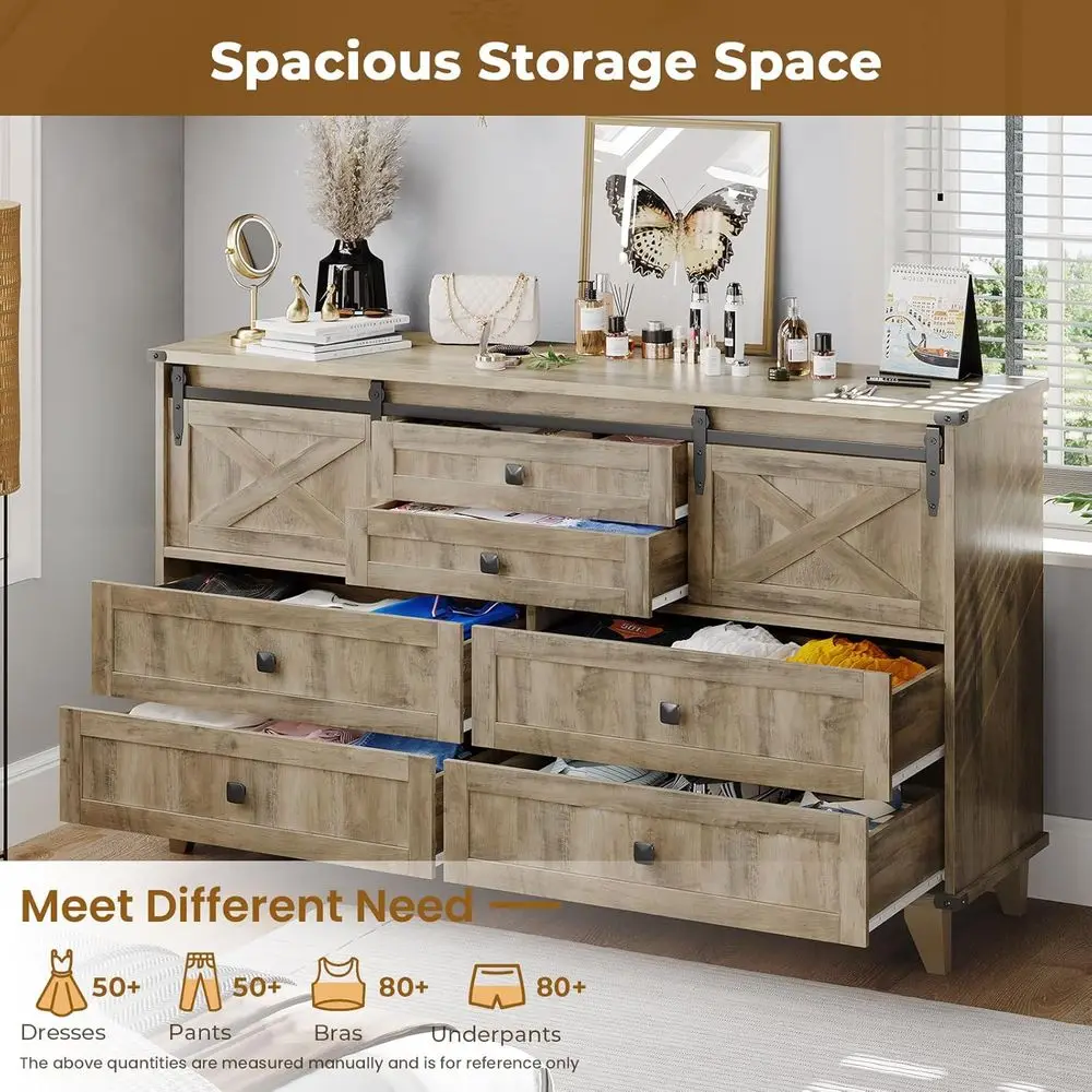 Komoda do sypialni z rustykalnymi drzwiami przesuwnymi z dębu i długimi szufladami.