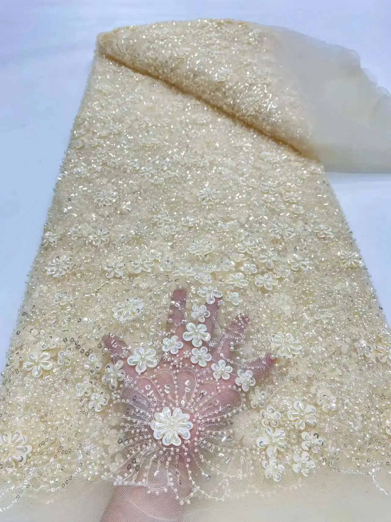 

African Lace Fabric 2025 High Quality Lace Sequins 3D Beads Embroidery French Lace Fabric Nigerian Lace Fabric For Sewing