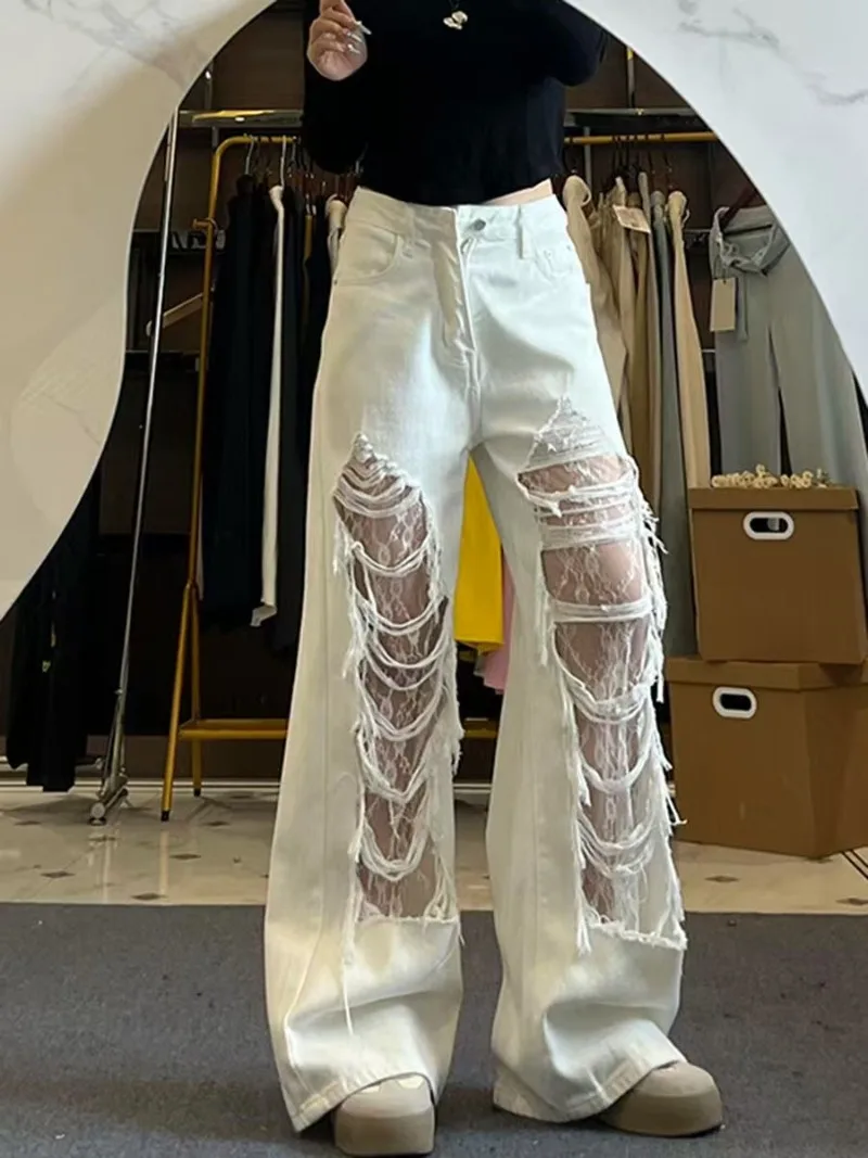 

2025 new fashion trend personality wide leg pants Y2K white lace ripped jeans High street punk casual women mid waist jeans