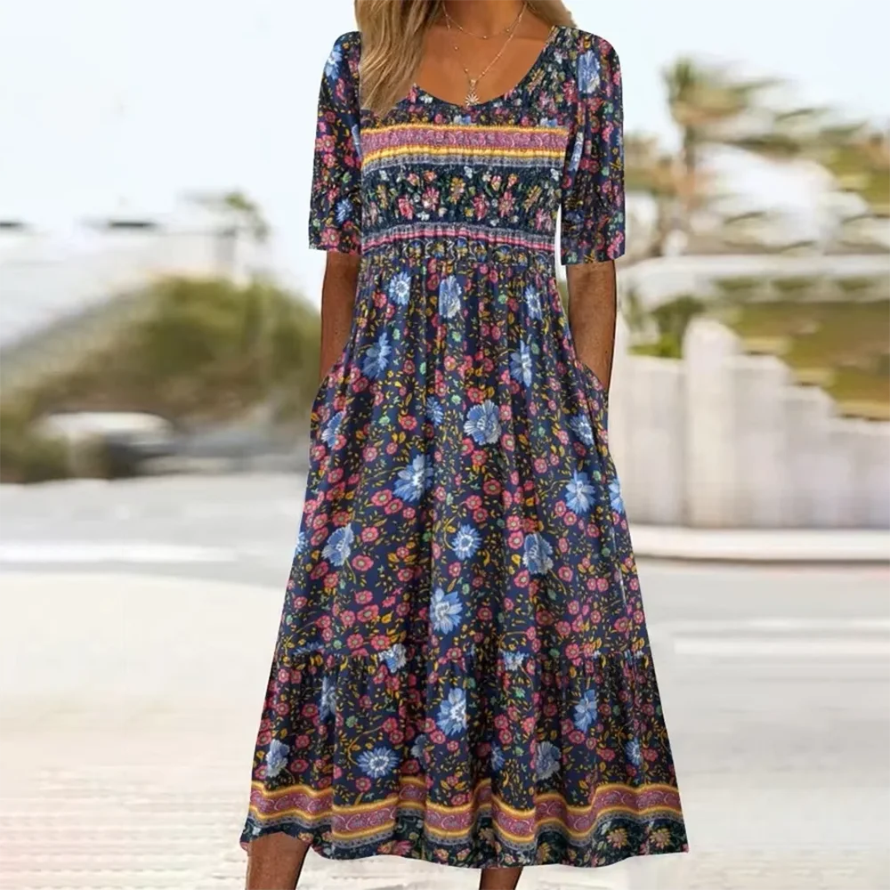 2026 Sommer Neues Damenkleid mit Rundhalsausschnitt, Kurzen Ärmeln und Langem Rock im Boho-Stil für Europa und die USA – Detail 3