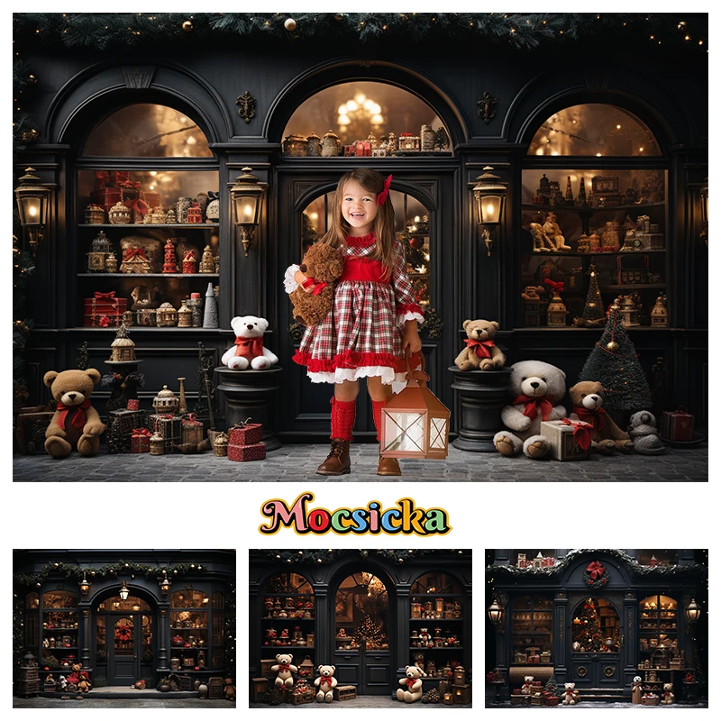 

Christmas Shop Black Background Photography Door Bear Gift Xmas Tree Props House Backdrop Decoration Children Adult Photo Studio