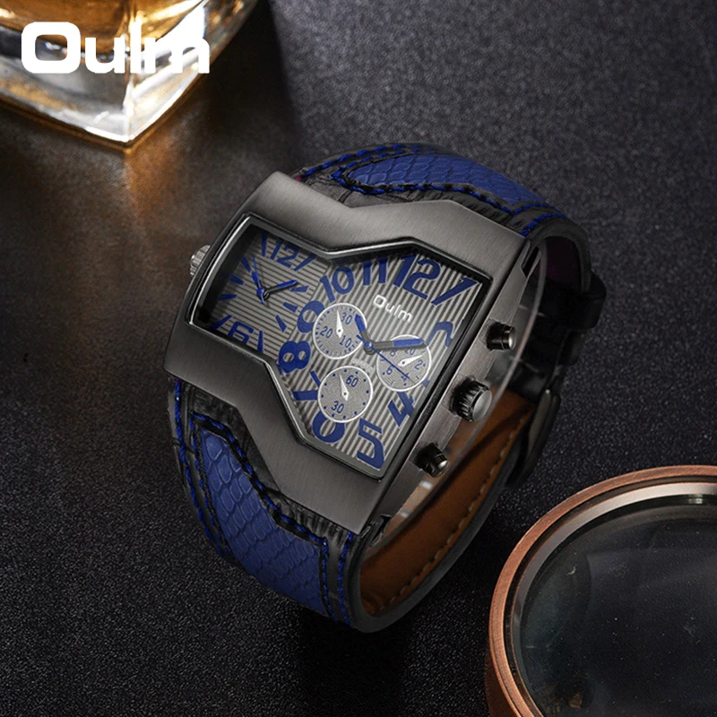 Oulm Unique Dragon Texture Design Men\'s watches Two Time Zone Quartz Clock Male Sport Waterproof Watch Leather Strap Wristwatch