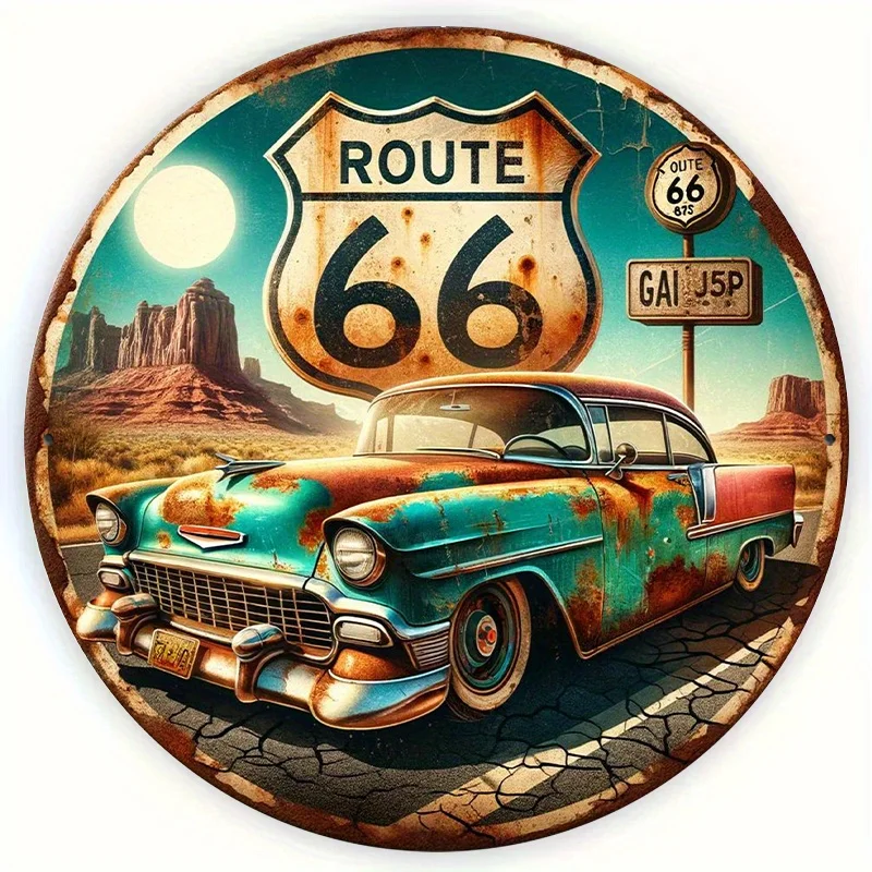 Vintage Route 66 Metal Wall Art Sign - 8x8 Inch Retro Americana Decor with Classic Car & Desert Scene - Rustic Tin Plaque for Ho view 4
