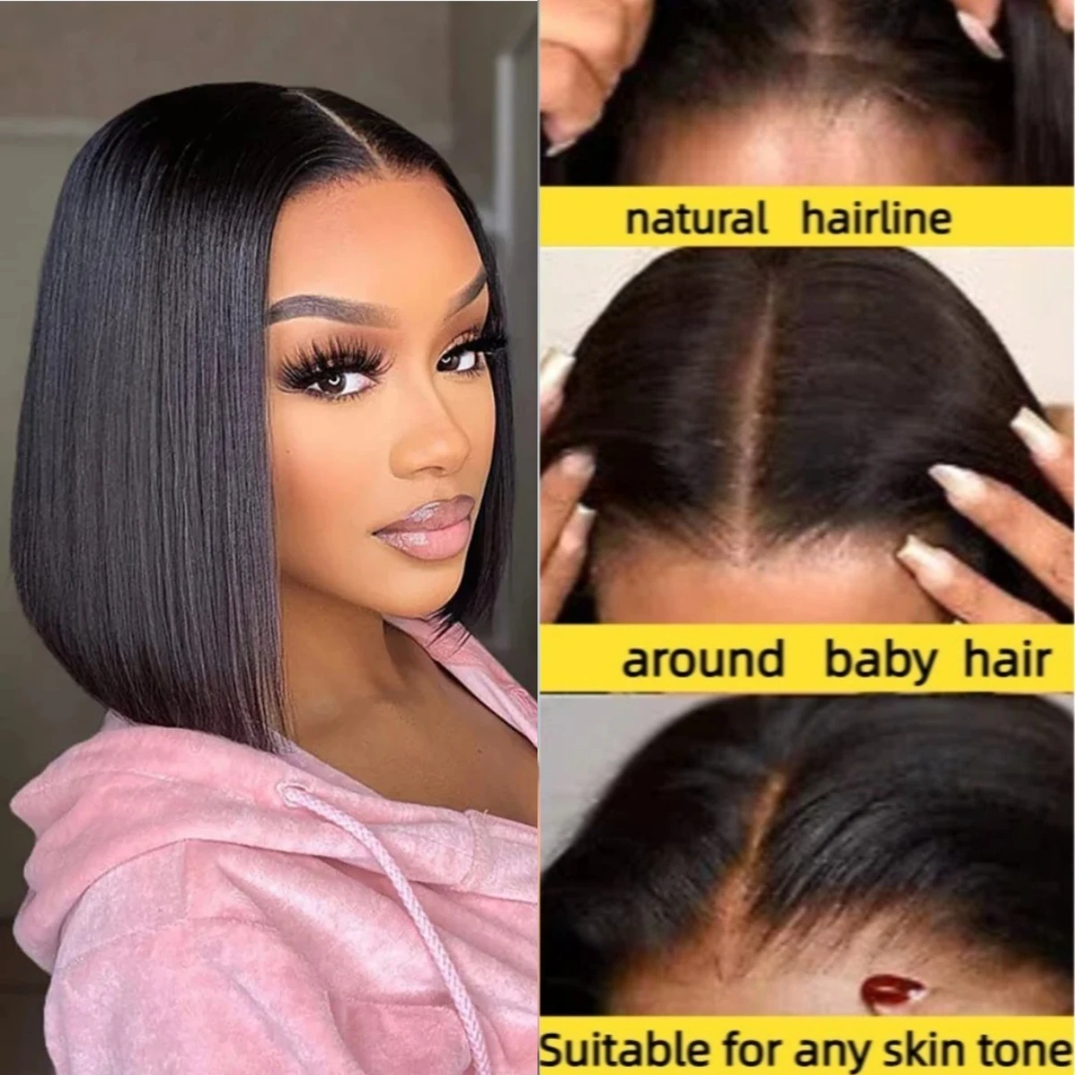 Короткий прямой бесклеевой парик Боб из человеческих волос Короткие парики Боб для чернокожих женщин Предварительно выщипанные предварительно вырезанные человеческие волосы Прямые 200% Плотность