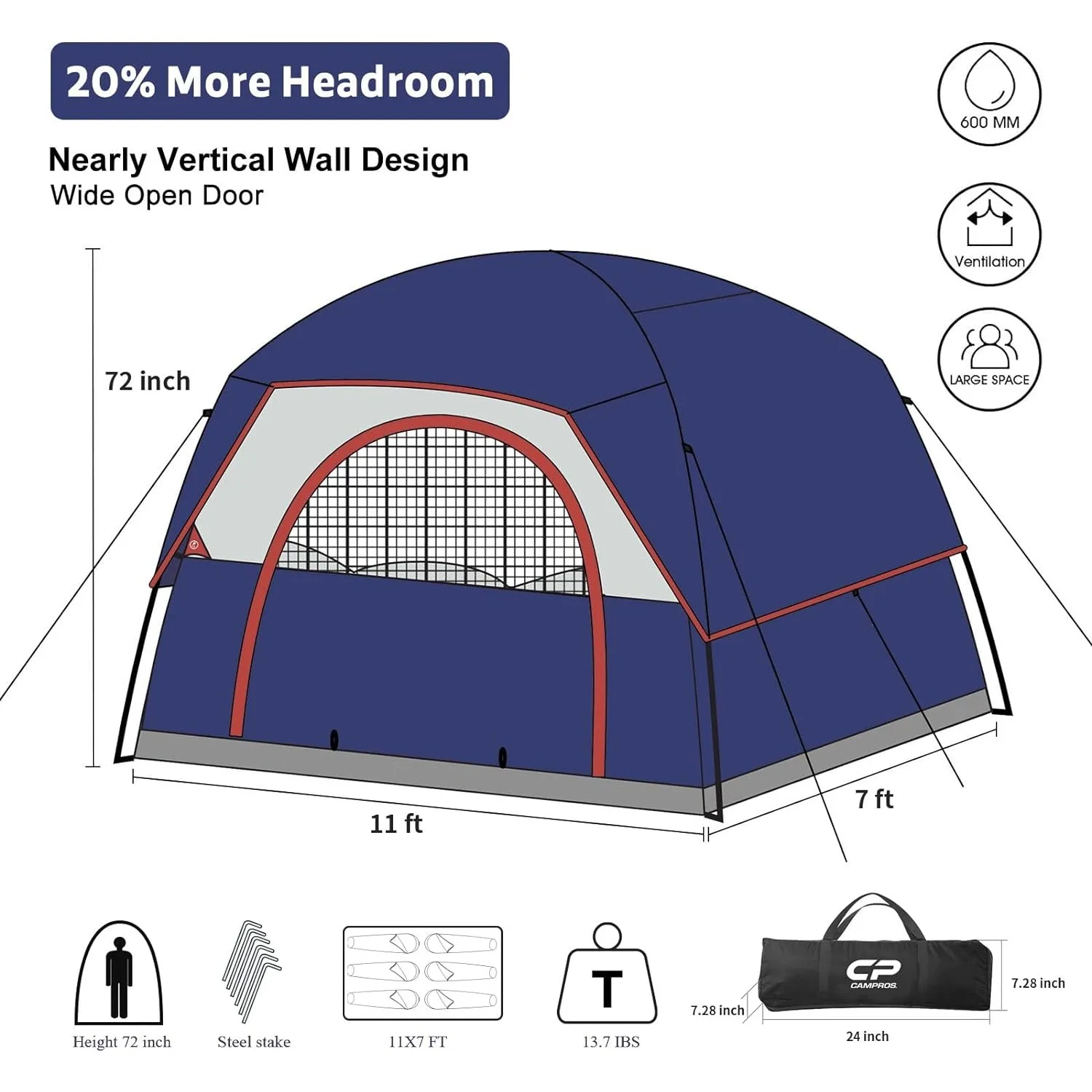 Tent 3Person Camping Tents, Waterproof Windproof Family Dome Tent with Rainfly Large Mesh Windows Wider Door