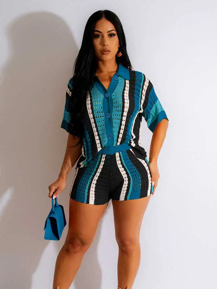 Women 2 Piece Outfits Knitted Shorts Set Beach Vacation Outfits Short Sleeve Shirt and Shorts  Color Block 2024 Summer Set A3132