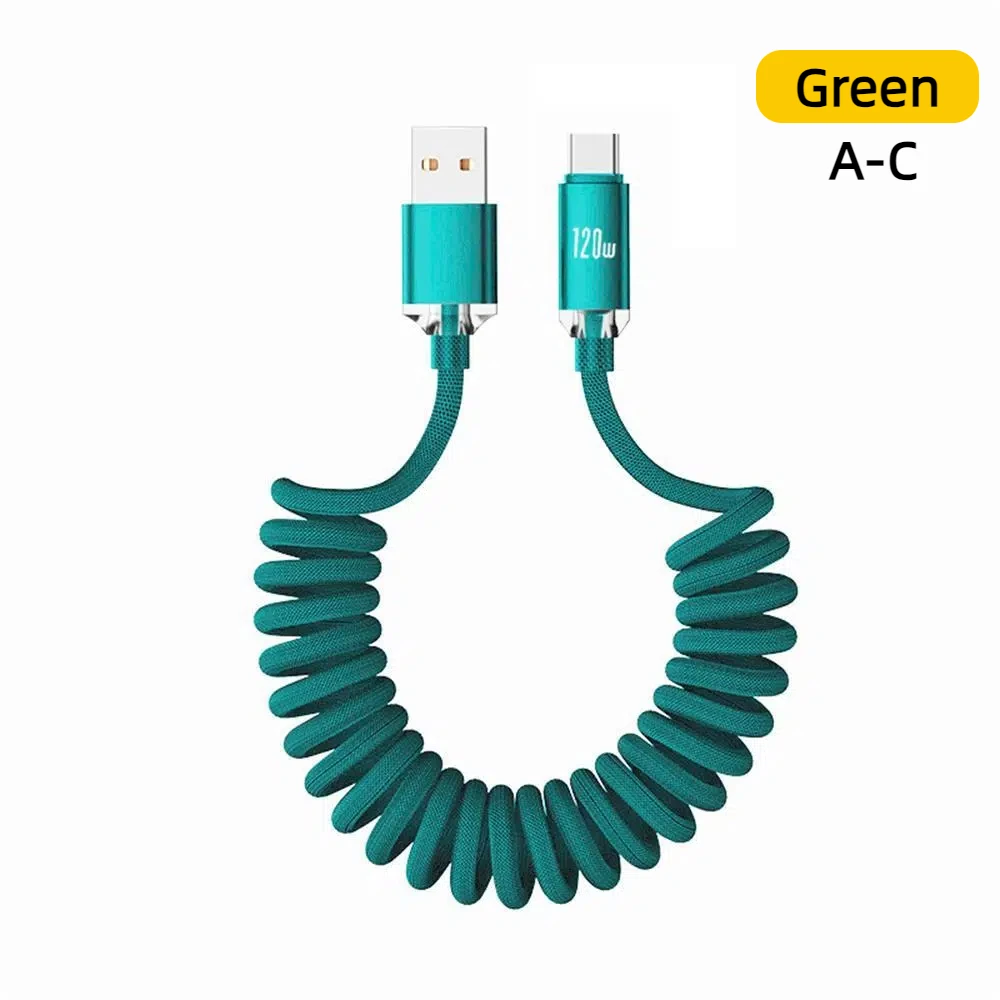 NNBILI 120W Schnellladekabel Typ-C A-C und C-C, einziehbares Spiralkabel, robustes, geflochtenes Nylonkabel für iPhone und Huawei