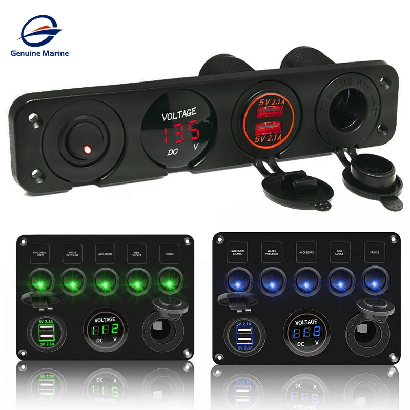 

Waterproof LED Rocker Switch Panel With Digital Voltmeter Dual USB Port 12V Outlet Toggle Switches For RV Marine Boat Camper