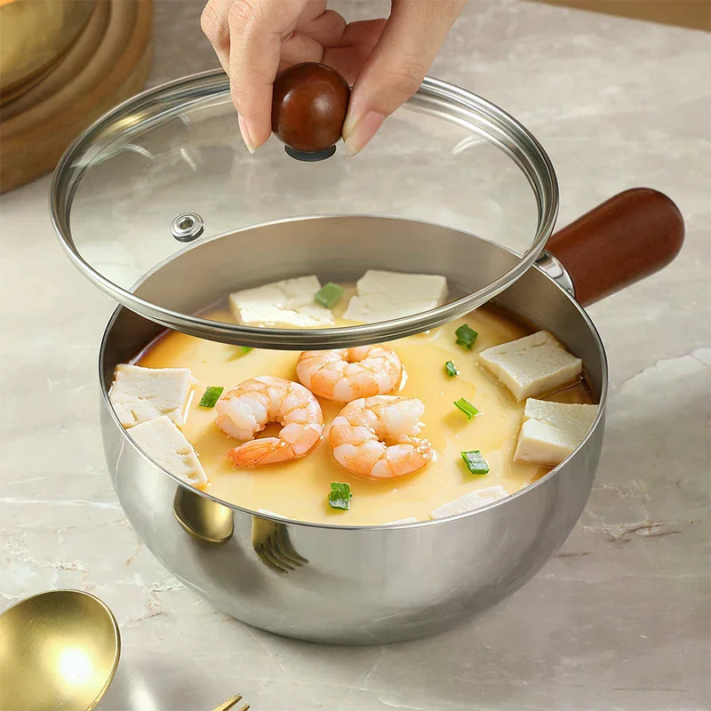 Stainless Steel Milk Pot With Wooden Handle, Compact Cooking Pot, Suitable For Frying Eggs And Heating Milk. Made Of Stainless S