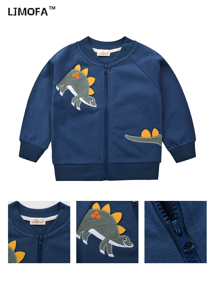 LJMOFA New Boys Spring Autumn Jacket Baby Kids Coats Cartoon Dinosaur Zipper Hoodies For Child Sweatshirt Baseball Jacket D166