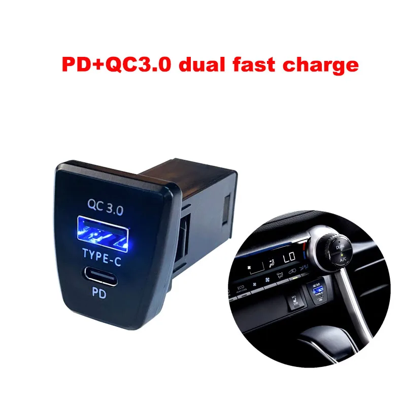 1PC 12V/24V Dual USB C PD Charger QC3.0 Socket Quick Charging Interface Adapter Button For TOYOTA Wildlander RAV4 20-23