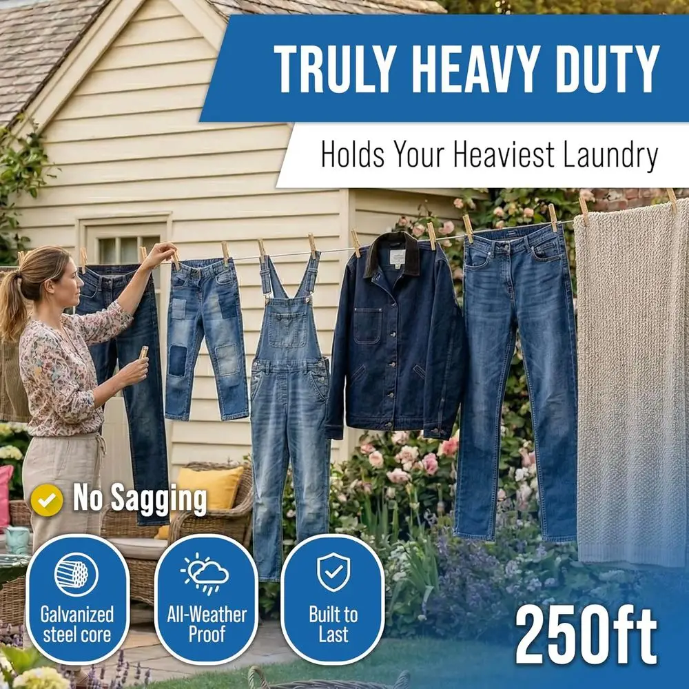 Heavy-Duty Outdoor Clothesline - 250ft Rust-Resistant & PVC-Coated Wire, Soft on Clothes, Easy Install, Durable for Outdoor Dryi