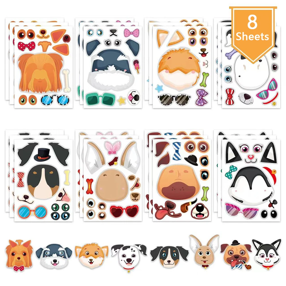 

8/16Sheets Children DIY Cute Dog Puzzle Sticker Games Make Animals Face Funny Assemble Jigsaw Toy For Kids Baby Educational Gift