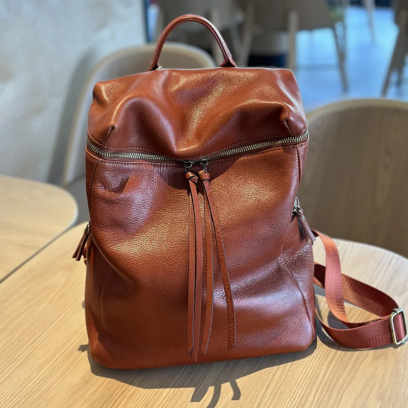 

Vegetable Tanned Leather Backpack Women's Retro Leather Women's Simple First Layer Cowhide Schoolbag Travel Bag Large Capaci