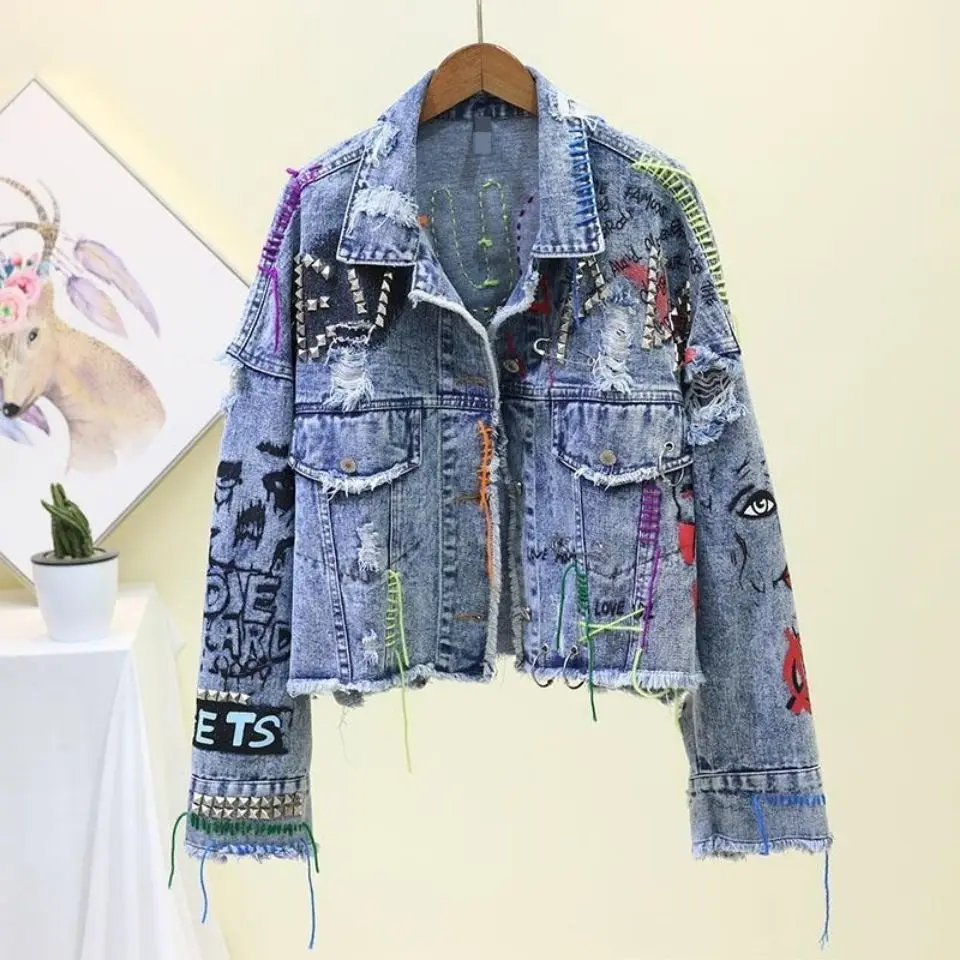 Trendy Graffiti Jean Harajuku Jacket Female Fringe Denim Heavy-Duty Rivets Colorful Tassel Woman Coats Blue Sequin Coat