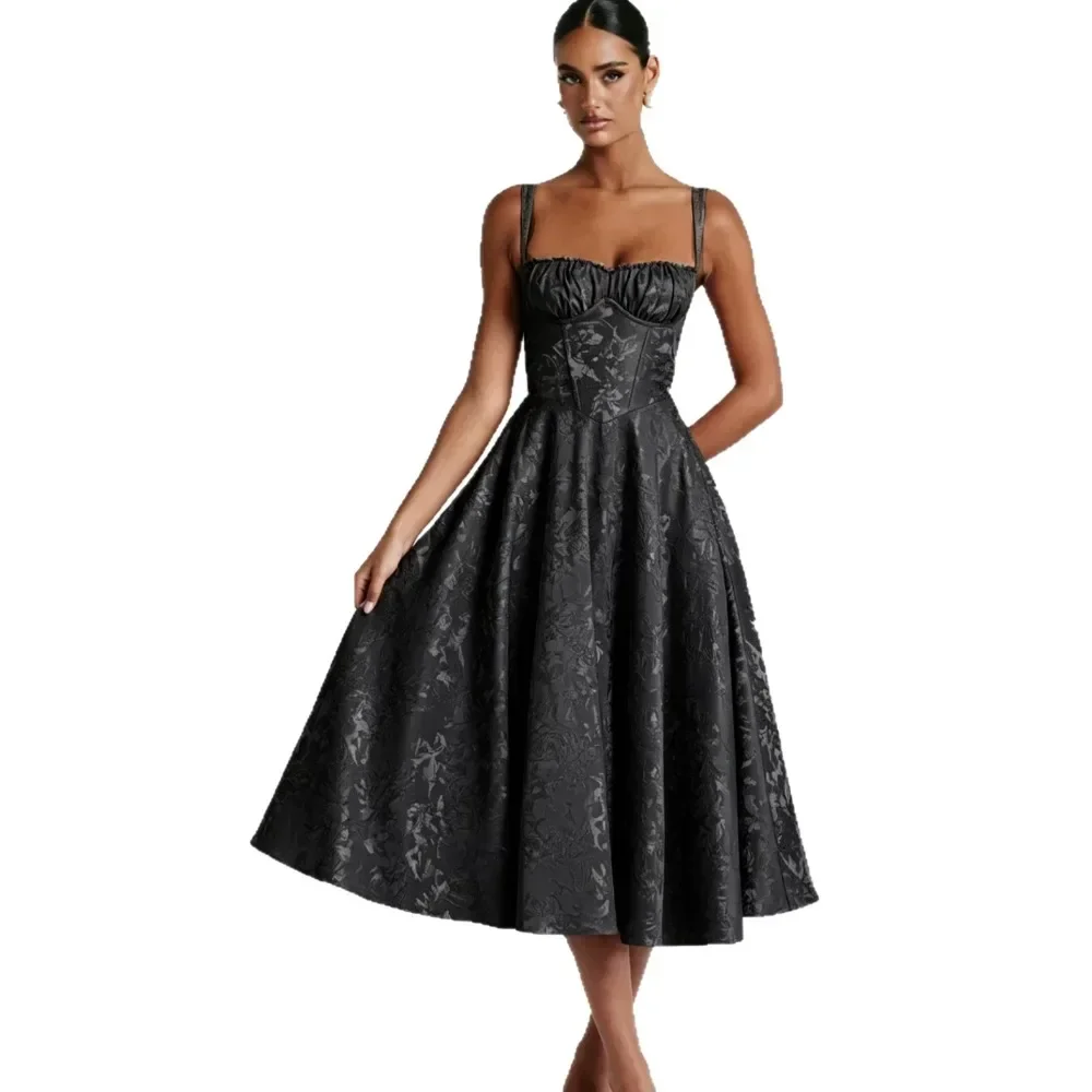 Women Jacquard Spaghetti Strap Backless Evening Gown Sleeveless Waist-Cinching Elegant Soft Breathable Flattering Comfy Party