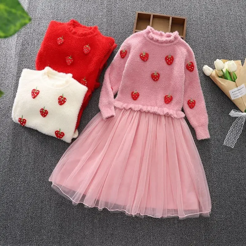 Girls Fleece Lined Knit Dress Autumn Winter Princess Tulle Spliced Dress Kids Warm Sweater Dress Toddler Clothing