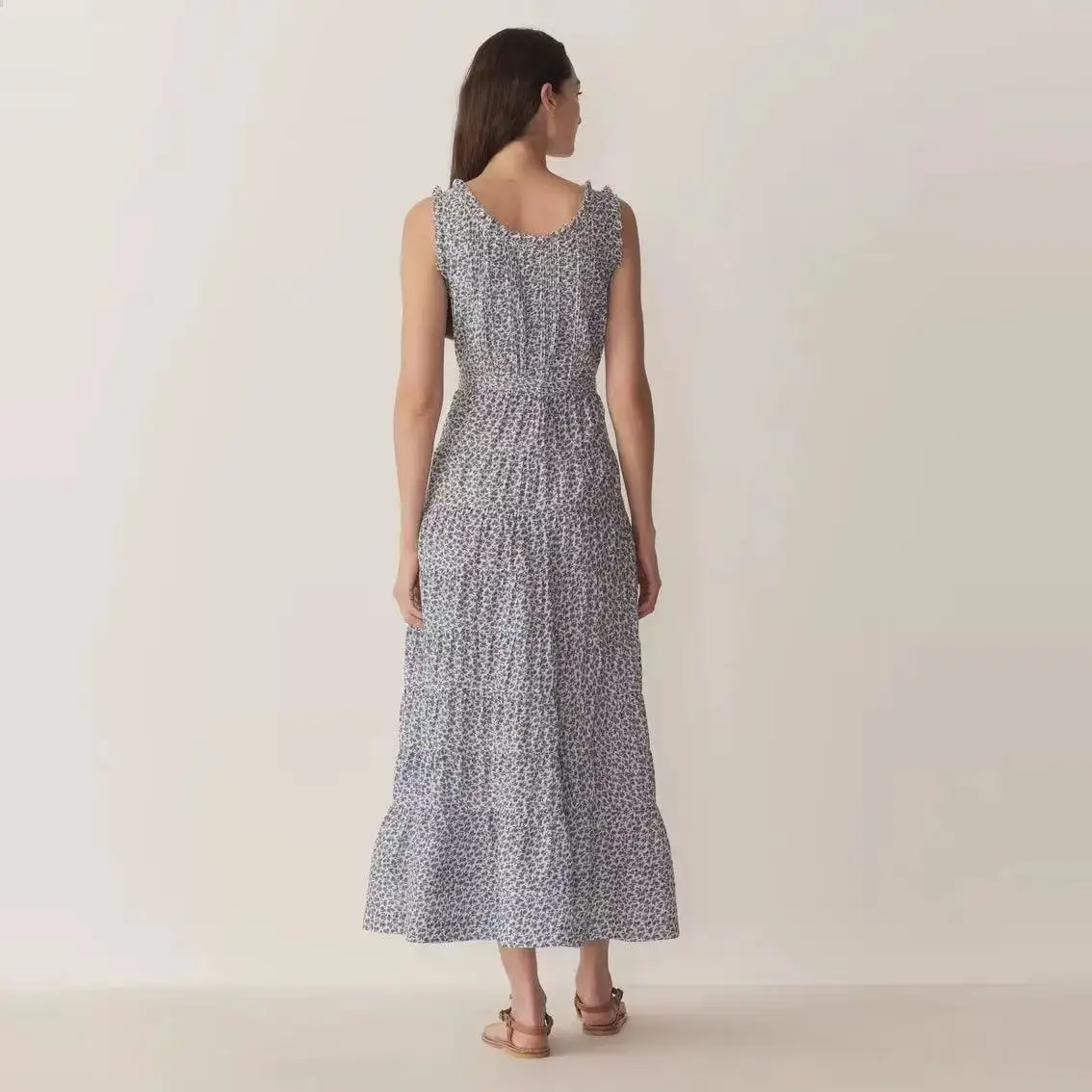 Vestido largo sin mangas con cuello redondo y estampado de flores retro de algodón para mujer