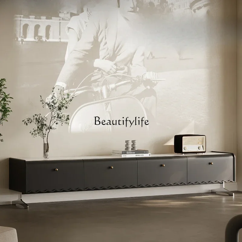 

French retro rock slab floor-to-ceiling TV cabinet medieval 2025 new TV cabinet