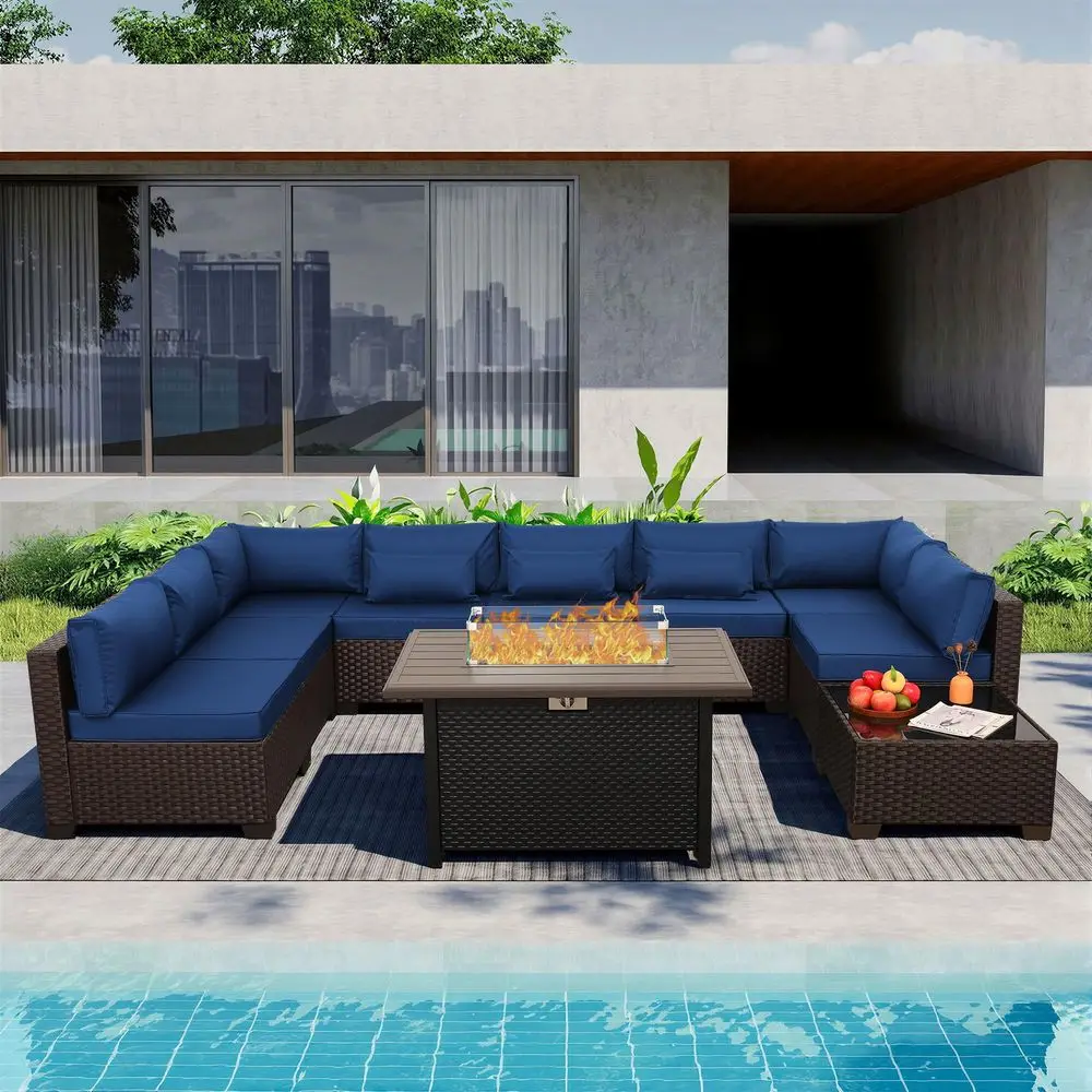 

10 Pieces Wicker Patio Furniture Set with Patio Glass Table Outdoor Sectional Conversation Sofa Set with 43 inches Fire Pit Tab