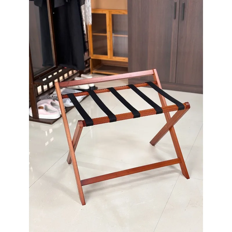 Teak Luggage Rack with 5 Black Straps - Foldable Suitcase Stand for Hotel & Home, Durable Construction & Space-Saving Design