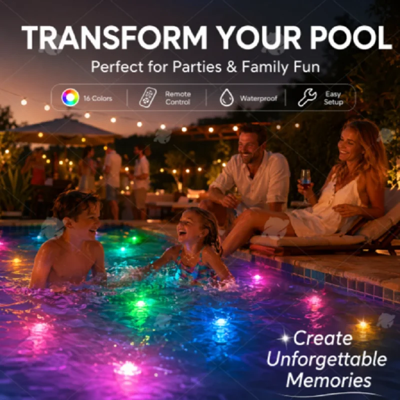 16 Colors Dimmable LED Submersible Pool Lights IP68 Waterproof Remote Timer Underwater Light with Suction Cups for Backyard Pond