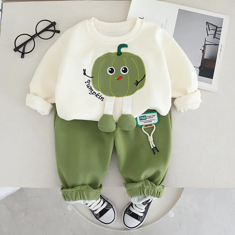 Spring Autumn Kids Boys 2PCS Clothes Set Cotton Cartoon Long Sleeve Pullovers Solid Loose Pants Suit Toddler Boys Outfits