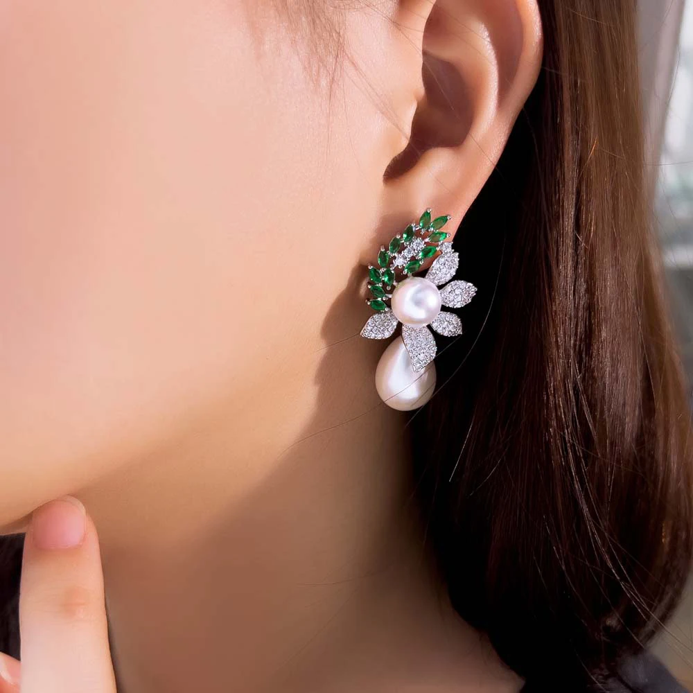 CWWZircons Symmetrical Leaf Shape Green Cubic Zirconia Long Big Water Drop Dangle Pearl Wedding Banquet Party Earrings CZ950
