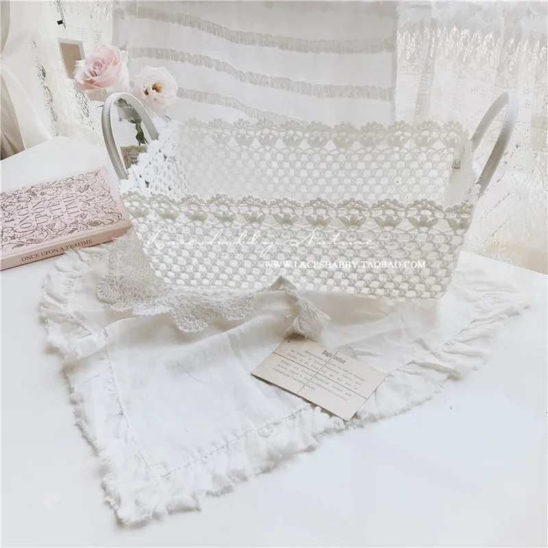 

French Countryside Handwoven Crochet Lace Storage Basket Rustic Shabby Chic Organizer Versatile Storage Solution