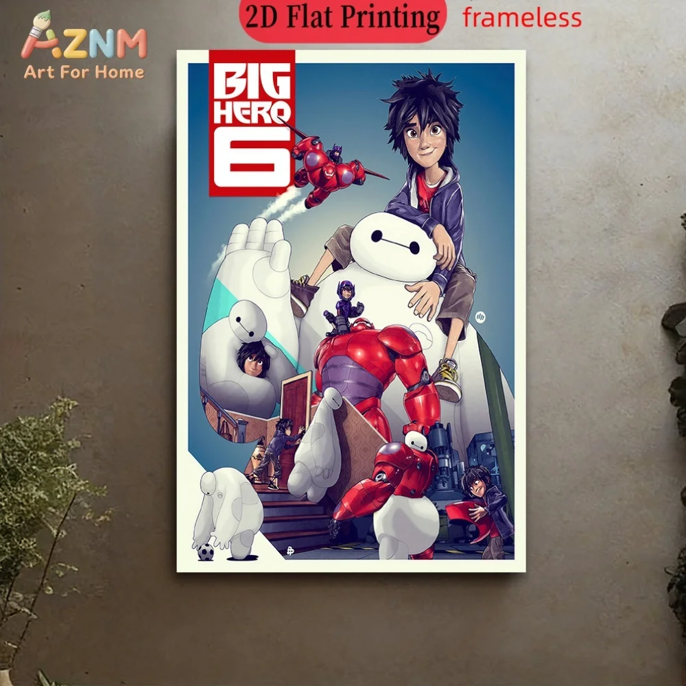 AZNM - Lienzo Decorativo sin Marco de Los 6 Grandes Héroes de Disney, Escena del Equipo Baymax Hiro Hamada, Impresión Artística de un Solo Panel para Dormitorio Infantil o Sala de Estar