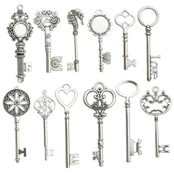 2pcs Vintage Large Crown Love Heart Key Pendants Charm For Jewelry Making Antique Silver Plated Big Key Charm Pendant Key Retro